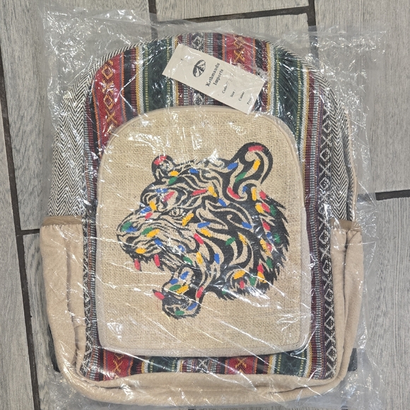Kathmandu Imports Hemp Boho Backpack Tiger Embroidered Handmade Nepal Eco Frdly - Picture 1 of 7